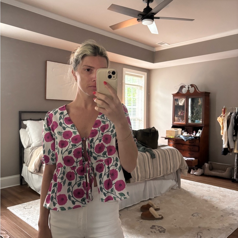 Floral Tie-Front V-Neck Blouse in Pink and White